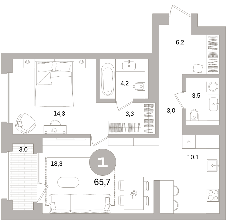 2-комнатная (Евро) квартира, 65.7 м² в ЖК "Северный ветер" - планировка, фото №1
