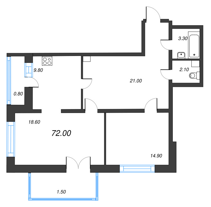 3-комнатная квартира, 69.18 м² в ЖК "Эко Квартал Гармония" - планировка, фото №1