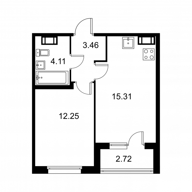 2-комнатная (Евро) квартира, 36.49 м² в ЖК "Квартал Заречье" - планировка, фото №1