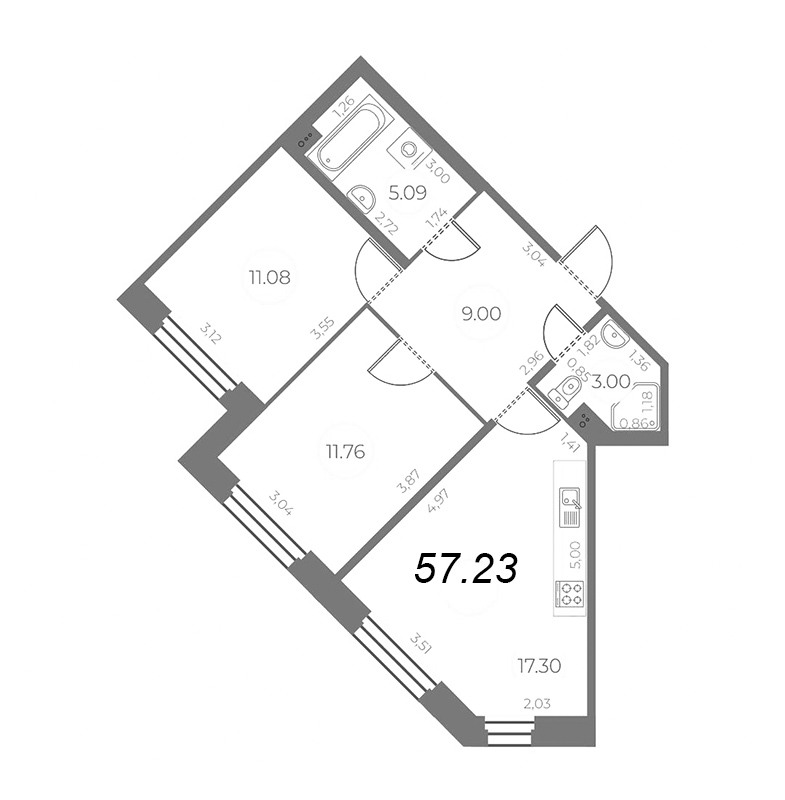 3-комнатная (Евро) квартира, 57.23 м² - планировка, фото №1