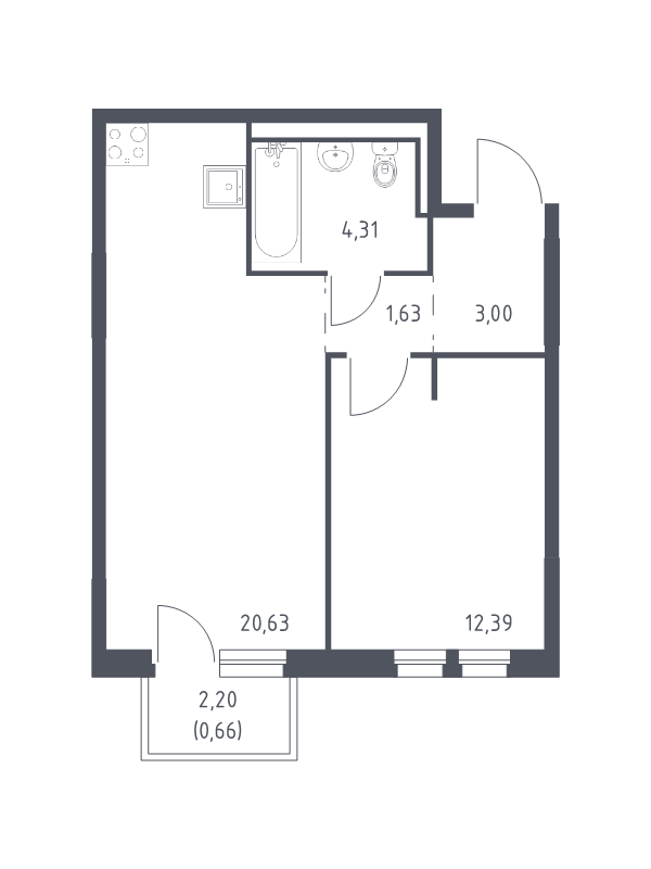 2-комнатная (Евро) квартира, 42.62 м² в ЖК "Невская Долина" - планировка, фото №1