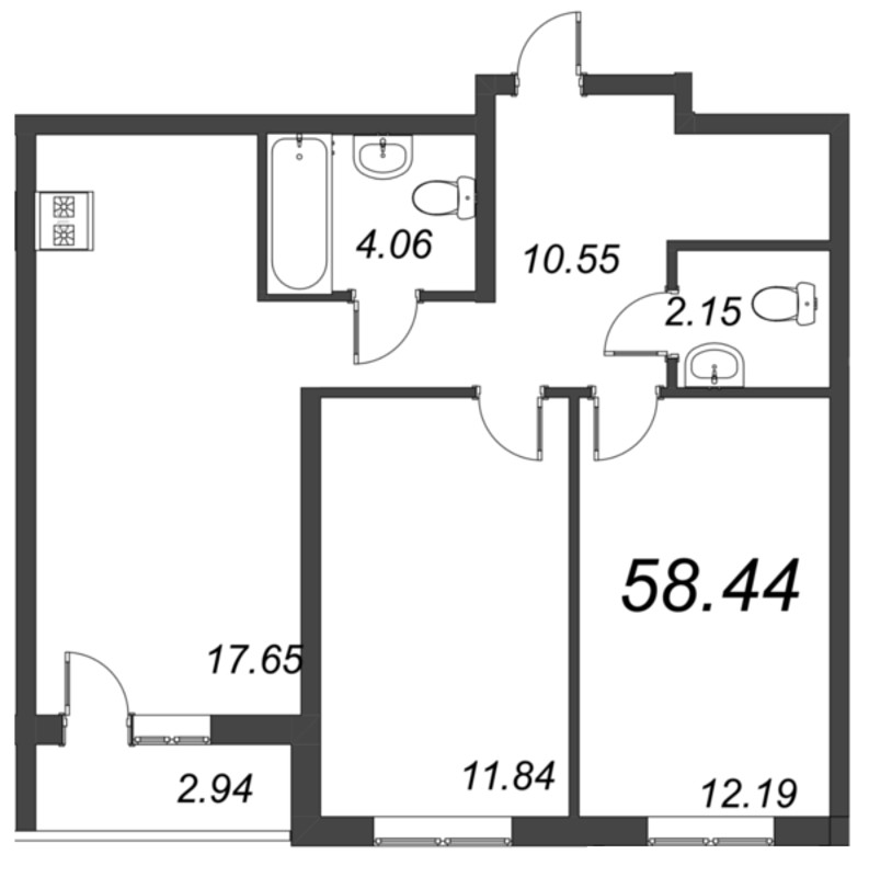 3-комнатная (Евро) квартира, 58.44 м² - планировка, фото №1