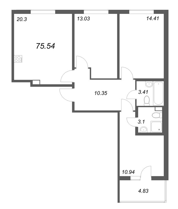 4-комнатная (Евро) квартира, 75.54 м² - планировка, фото №1