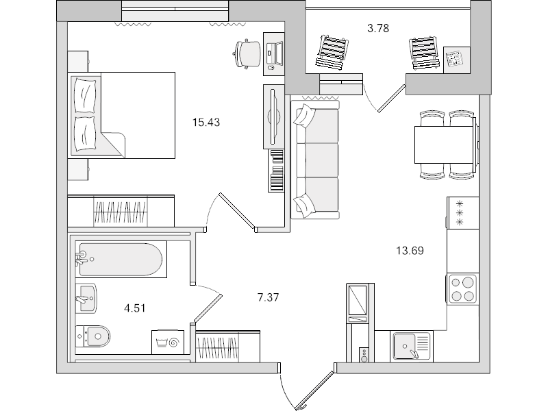 1-комнатная квартира, 41 м² - планировка, фото №1