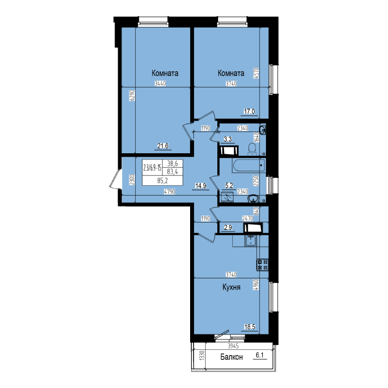 3-комнатная (Евро) квартира, 85.2 м² в ЖК "ПРАГМА city" - планировка, фото №1