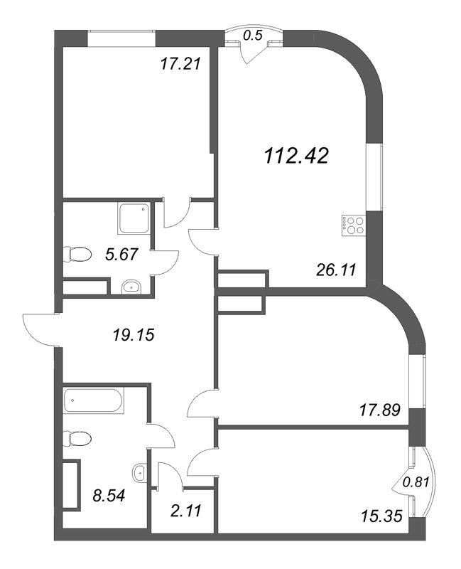 4-комнатная (Евро) квартира, 112.42 м² - планировка, фото №1