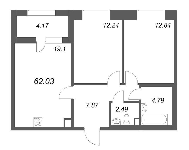 3-комнатная (Евро) квартира, 62.03 м² в ЖК "Аквилон Солар" - планировка, фото №1