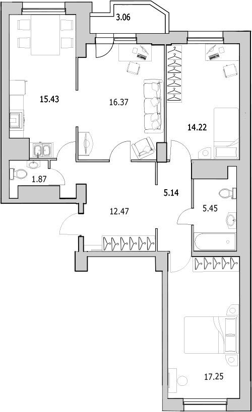 3-комнатная квартира, 91 м² в ЖК "Байрон" - планировка, фото №1