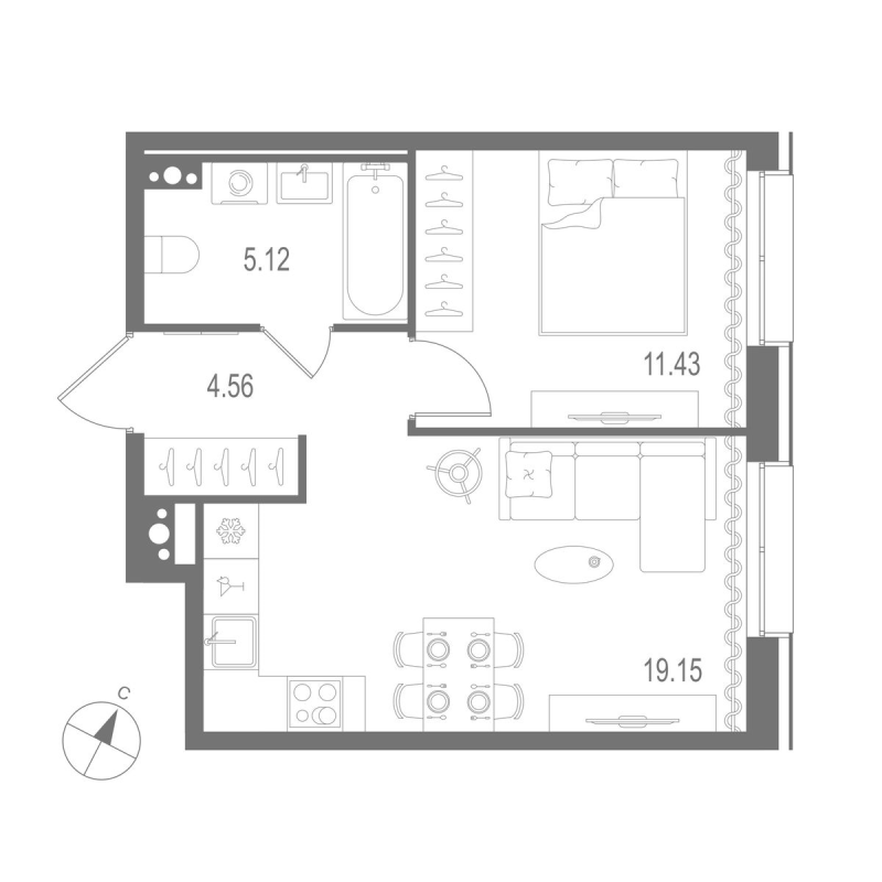 2-комнатная (Евро) квартира, 40.26 м² в ЖК "Остров Первых" - планировка, фото №1