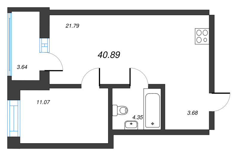 1-комнатная квартира, 40.89 м² - планировка, фото №1