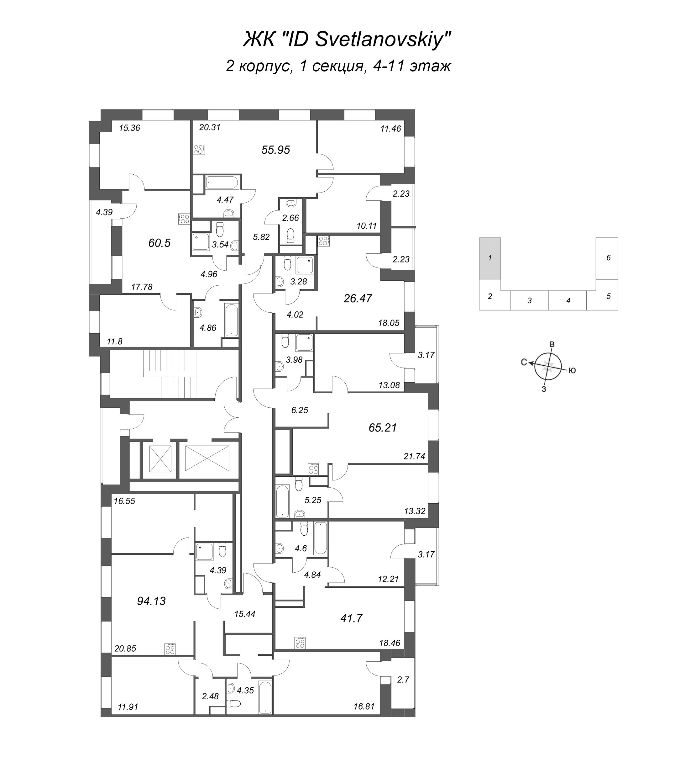 3-комнатная (Евро) квартира, 60.5 м² в ЖК "ID Svetlanovskiy" - планировка этажа
