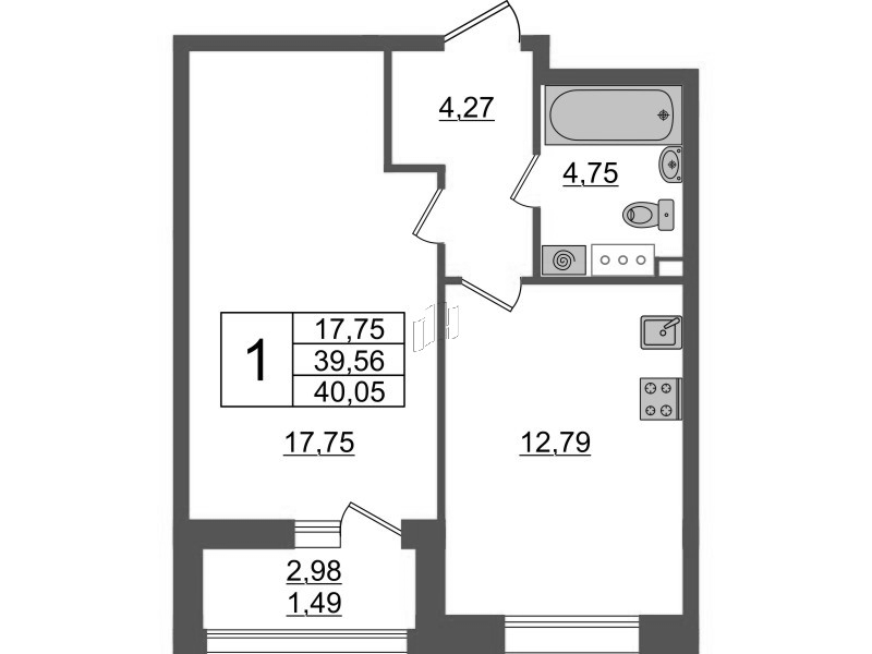 1-комнатная квартира, 41.05 м² в ЖК "Аквилон Leaves" - планировка, фото №1