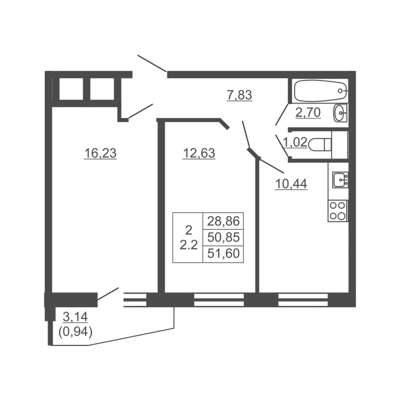 2-комнатная квартира, 51.6 м² в ЖК "Тандем" - планировка, фото №1