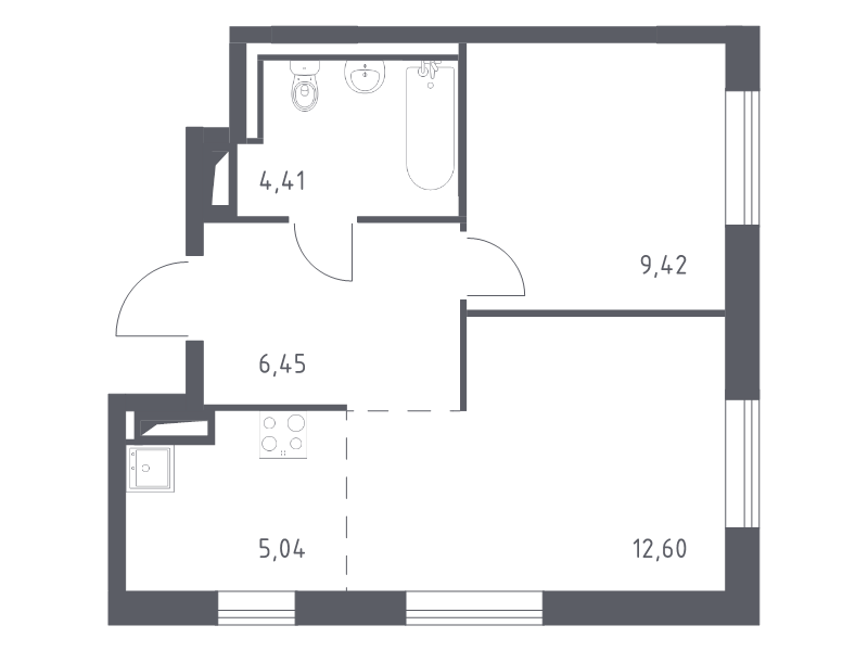2-комнатная (Евро) квартира, 37.92 м² - планировка, фото №1