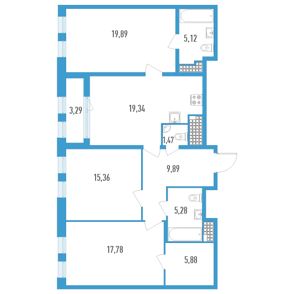 3-комнатная квартира, 101.66 м² - планировка, фото №1