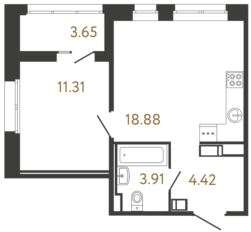 2-комнатная (Евро) квартира, 38.52 м² в ЖК "Ultra City 3.0" - планировка, фото №1