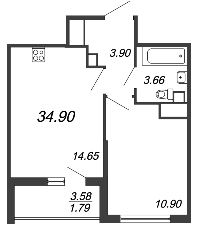 2-комнатная (Евро) квартира, 34.9 м² - планировка, фото №1
