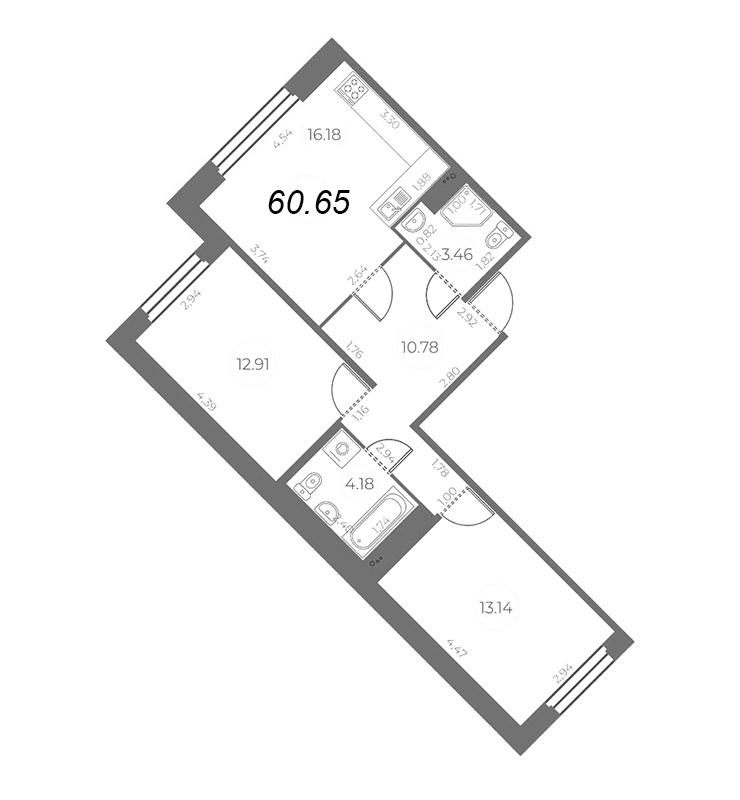 3-комнатная (Евро) квартира, 60.65 м² - планировка, фото №1