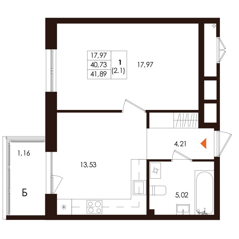 1-комнатная квартира, 41.89 м² - планировка, фото №1