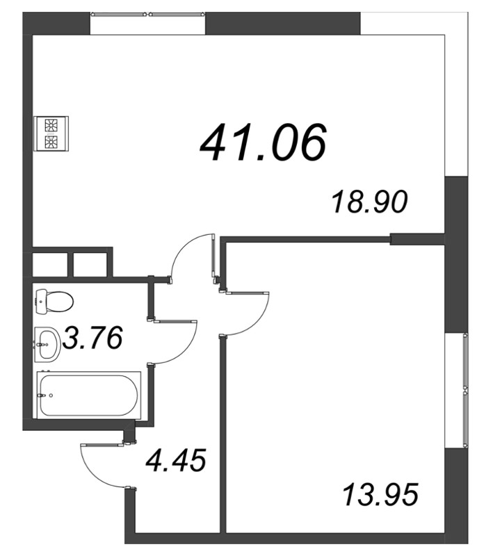 2-комнатная (Евро) квартира, 41.06 м² - планировка, фото №1