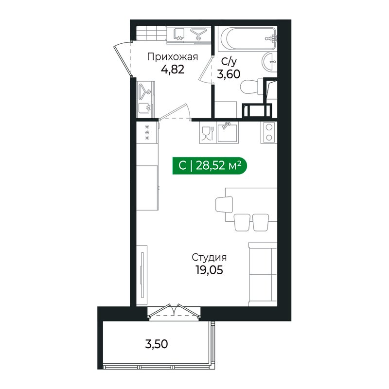 Квартира-студия, 27.3 м² в ЖК "Сертолово Парк" - планировка, фото №1