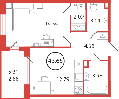 1-комнатная квартира, 43.65 м² в ЖК "Энфилд" - планировка, фото №1