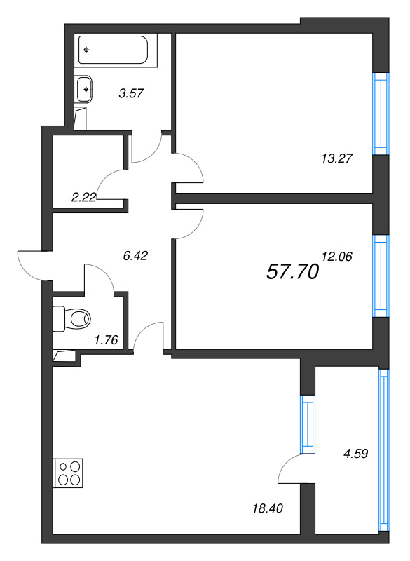 3-комнатная (Евро) квартира, 57.7 м² в ЖК "Любоград" - планировка, фото №1