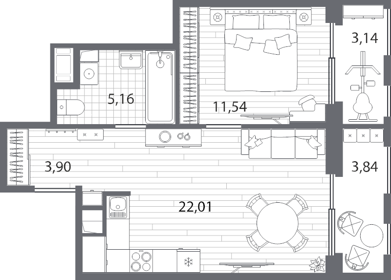 2-комнатная (Евро) квартира, 44.9 м² в ЖК "Респект" - планировка, фото №1