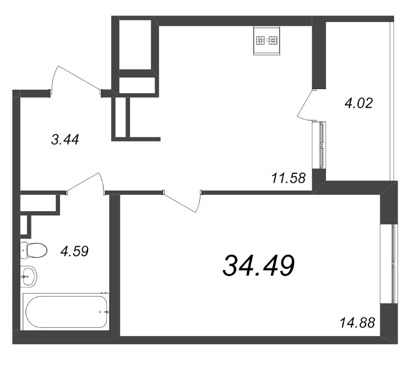 1-комнатная квартира, 34.49 м² - планировка, фото №1