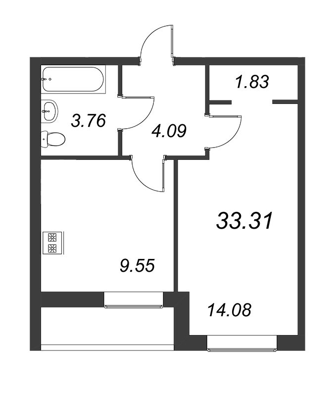 1-комнатная квартира, 33.31 м² - планировка, фото №1