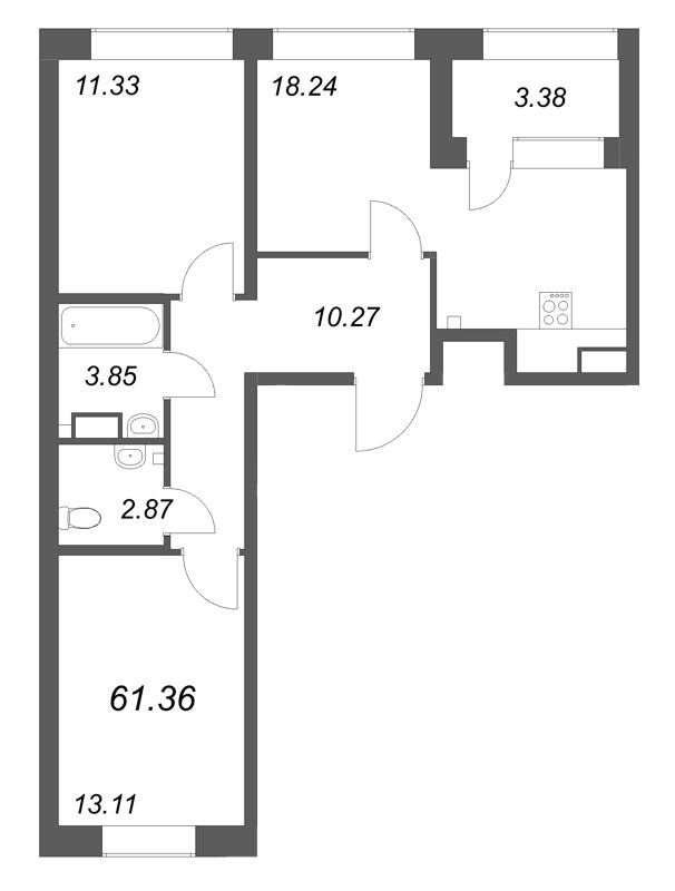 3-комнатная (Евро) квартира, 61.36 м² в ЖК "Аквилон Солар Парк" - планировка, фото №1