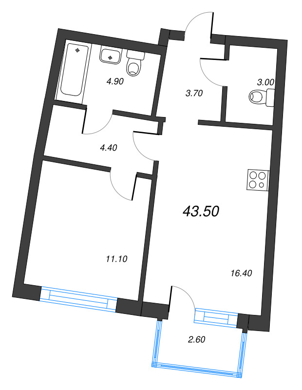 2-комнатная (Евро) квартира, 43.5 м² в ЖК "Цвет Зеленогорска" - планировка, фото №1