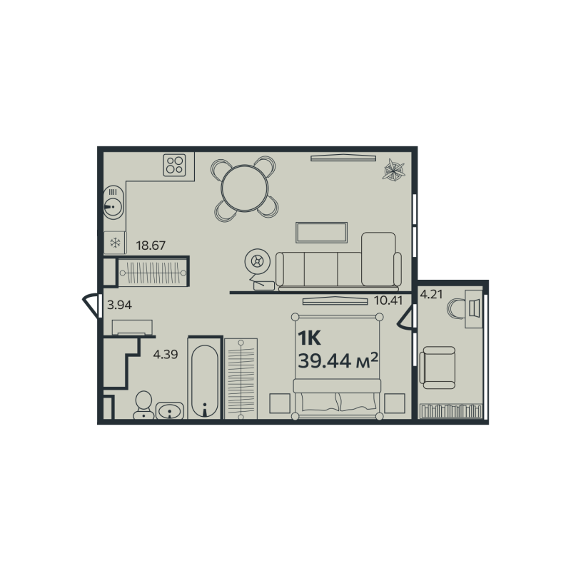 2-комнатная (Евро) квартира, 39.44 м² в ЖК "Эдельвейс Выборг" - планировка, фото №1