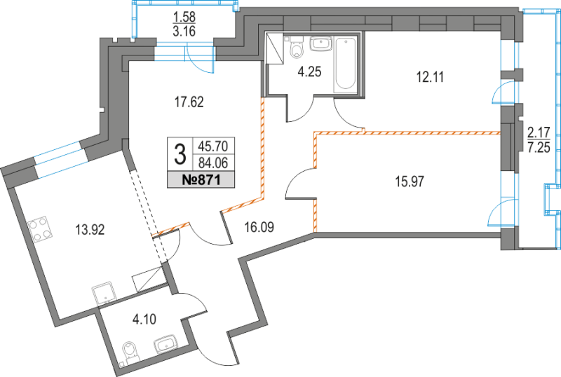 3-комнатная квартира, 84.06 м² - планировка, фото №1