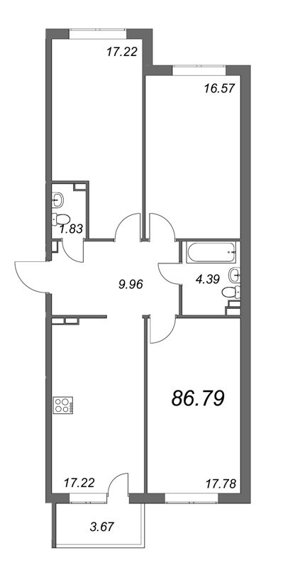 3-комнатная квартира, 88.2 м² - планировка, фото №1