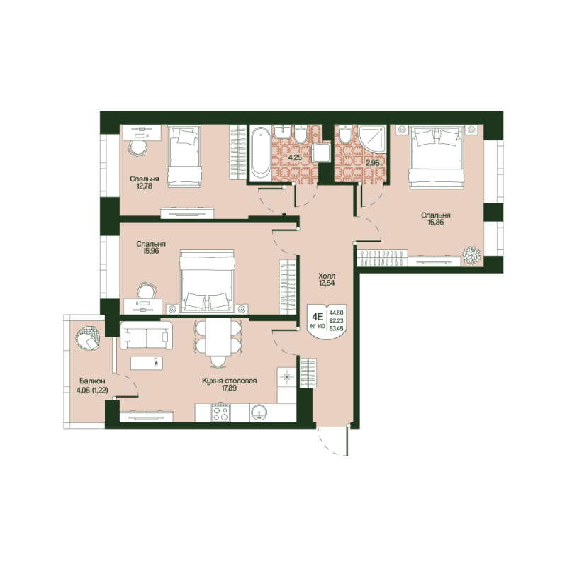 4-комнатная (Евро) квартира, 82.23 м² в ЖК "Охтинские высоты" - планировка, фото №1