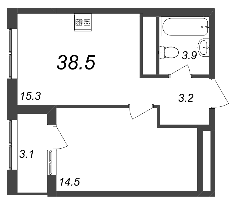 1-комнатная квартира, 38.5 м² в ЖК "Галактика" - планировка, фото №1