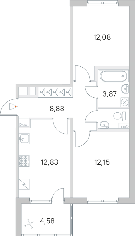 2-комнатная квартира, 51.81 м² - планировка, фото №1