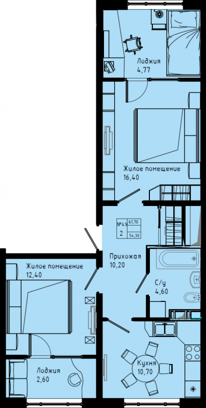 2-комнатная квартира, 61.6 м² в ЖК "Pixel" - планировка, фото №1