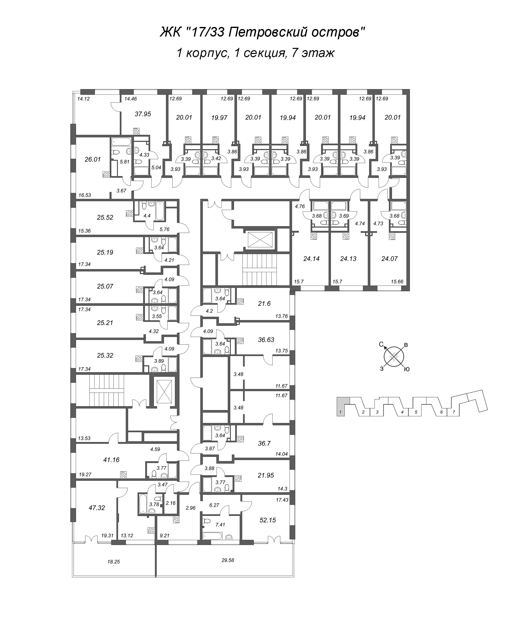 Квартира-студия, 19.94 м² в ЖК "17/33 Петровский остров" - планировка этажа