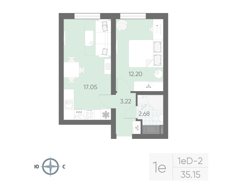 2-комнатная (Евро) квартира, 35.15 м² в ЖК "Морская миля" - планировка, фото №1