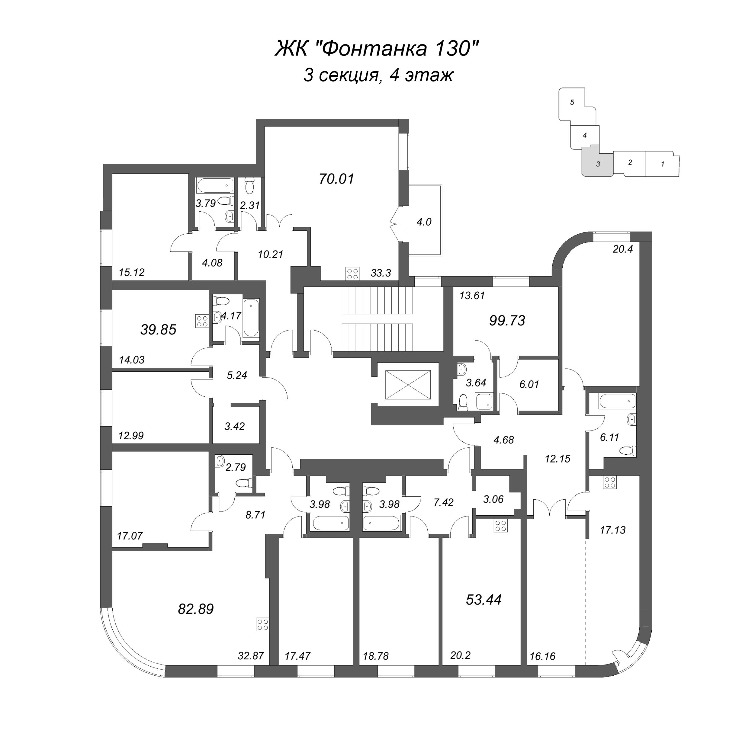 1-комнатная квартира, 39.85 м² в ЖК "Фонтанка 130" - планировка этажа