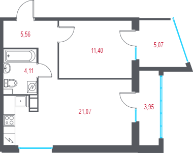 2-комнатная (Евро) квартира, 44.85 м² в ЖК "Город-спутник Южный" - планировка, фото №1