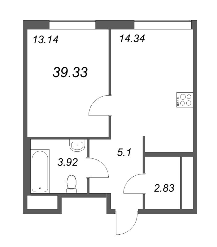 1-комнатная квартира, 39.33 м² - планировка, фото №1