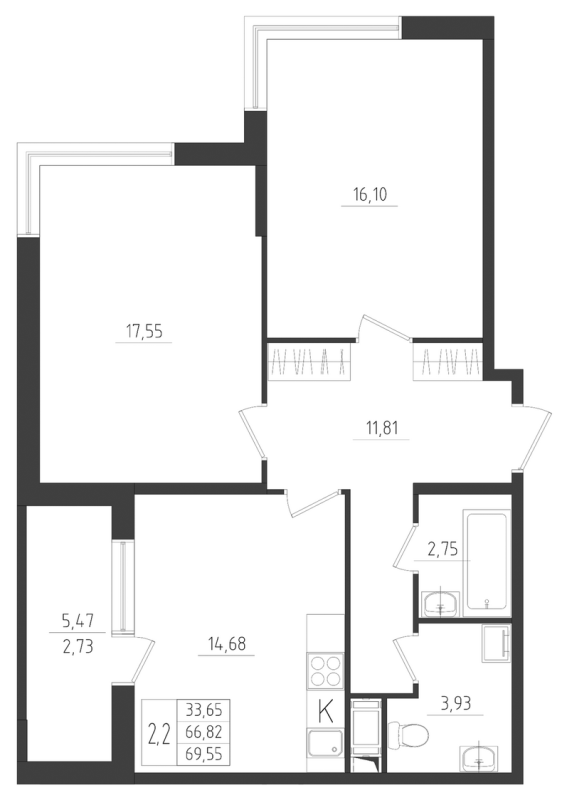 2-комнатная квартира, 69.55 м² - планировка, фото №1