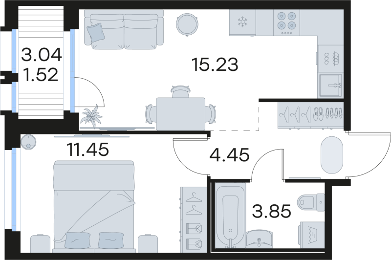 2-комнатная (Евро) квартира, 36.5 м² в ЖК "GloraX Парголово" - планировка, фото №1