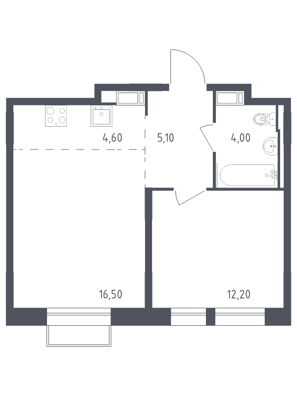 2-комнатная (Евро) квартира, 42.4 м² - планировка, фото №1