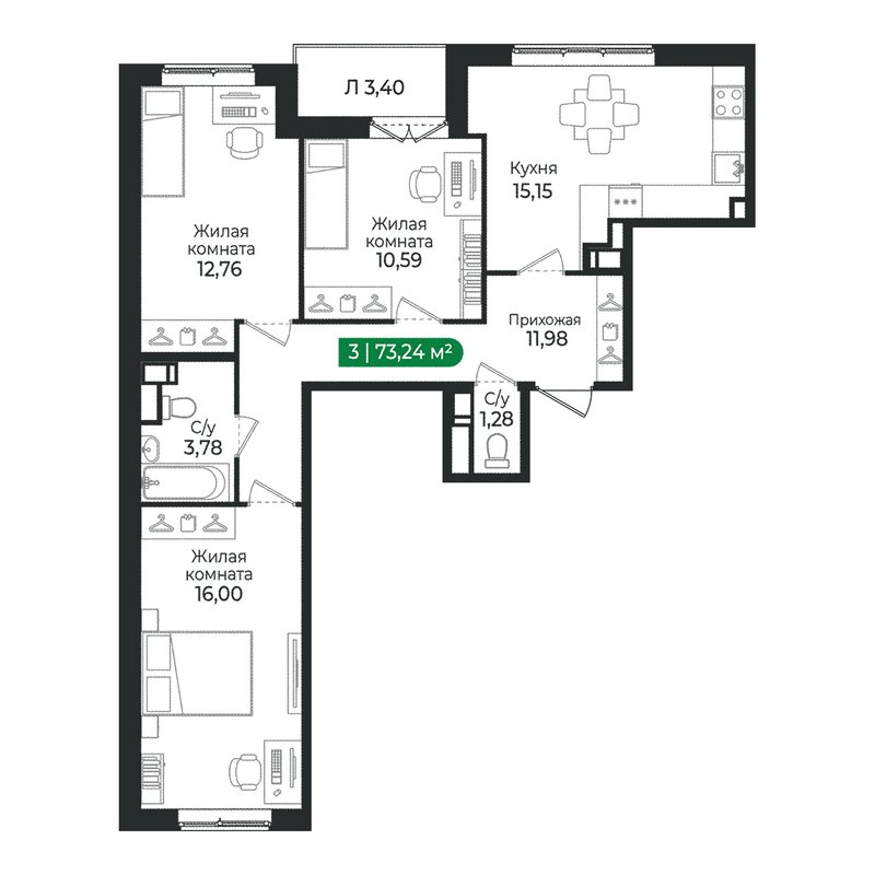 4-комнатная (Евро) квартира, 73.24 м² в ЖК "Сертолово Парк" - планировка, фото №1