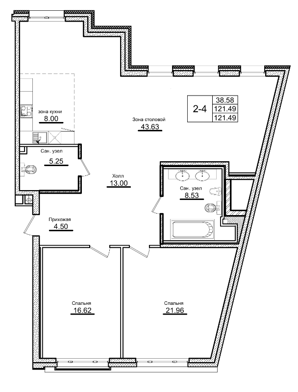 3-комнатная (Евро) квартира, 122.8 м² - планировка, фото №1