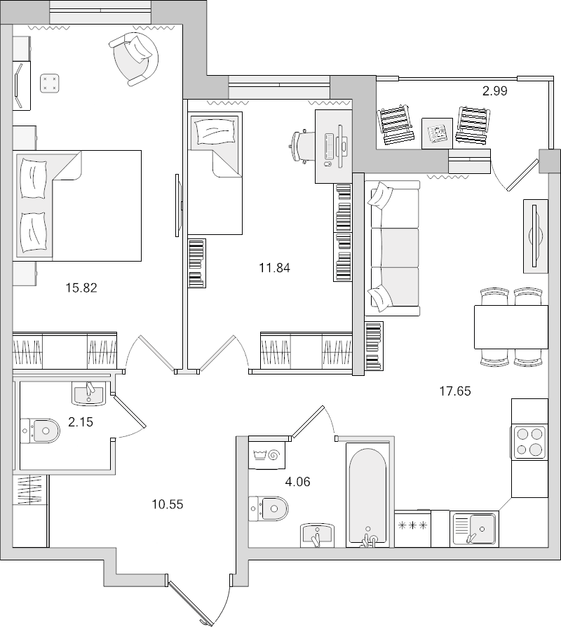 3-комнатная (Евро) квартира, 65.06 м² в ЖК "Город Первых" - планировка, фото №1